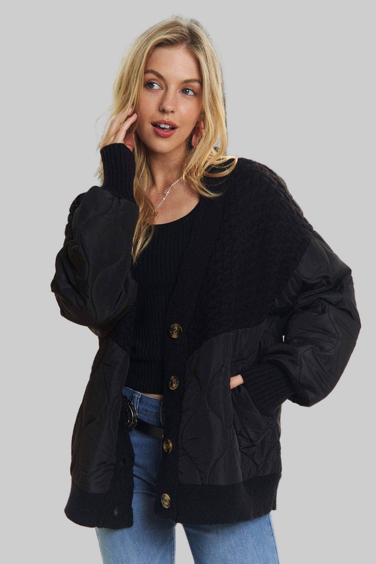 Button Down Quilted Cardigan With Sweater Knit