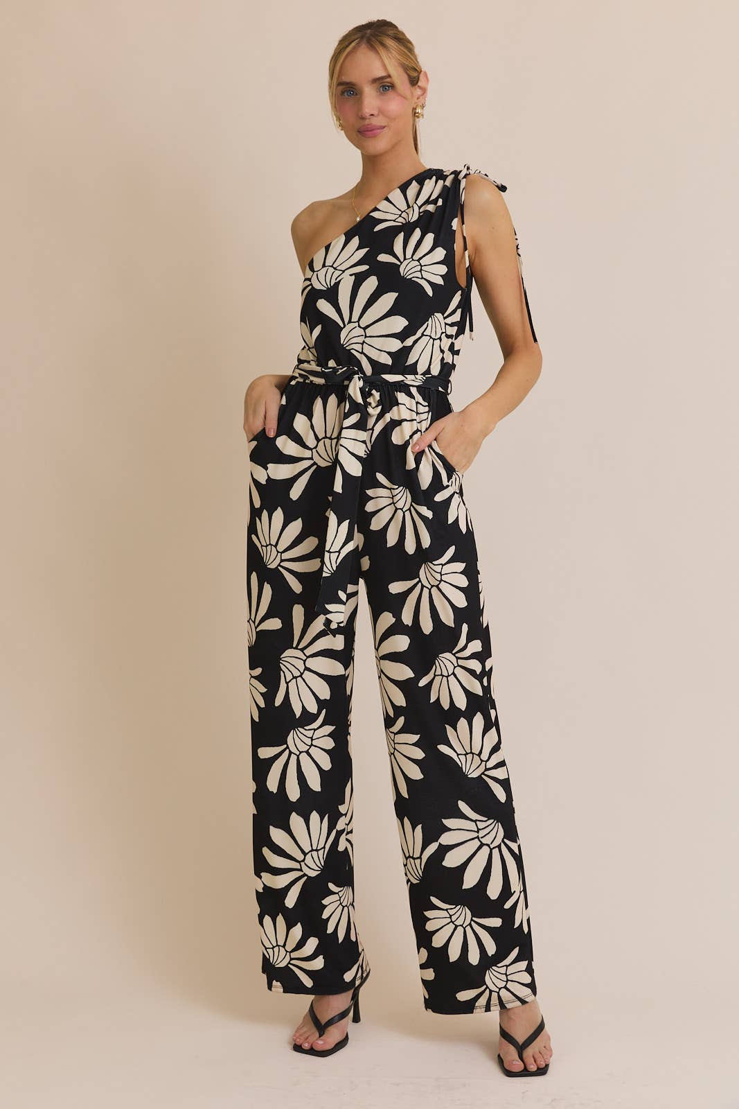 One Shoulder Waiste Tie Wide Leg Floral Print Jumpsuit