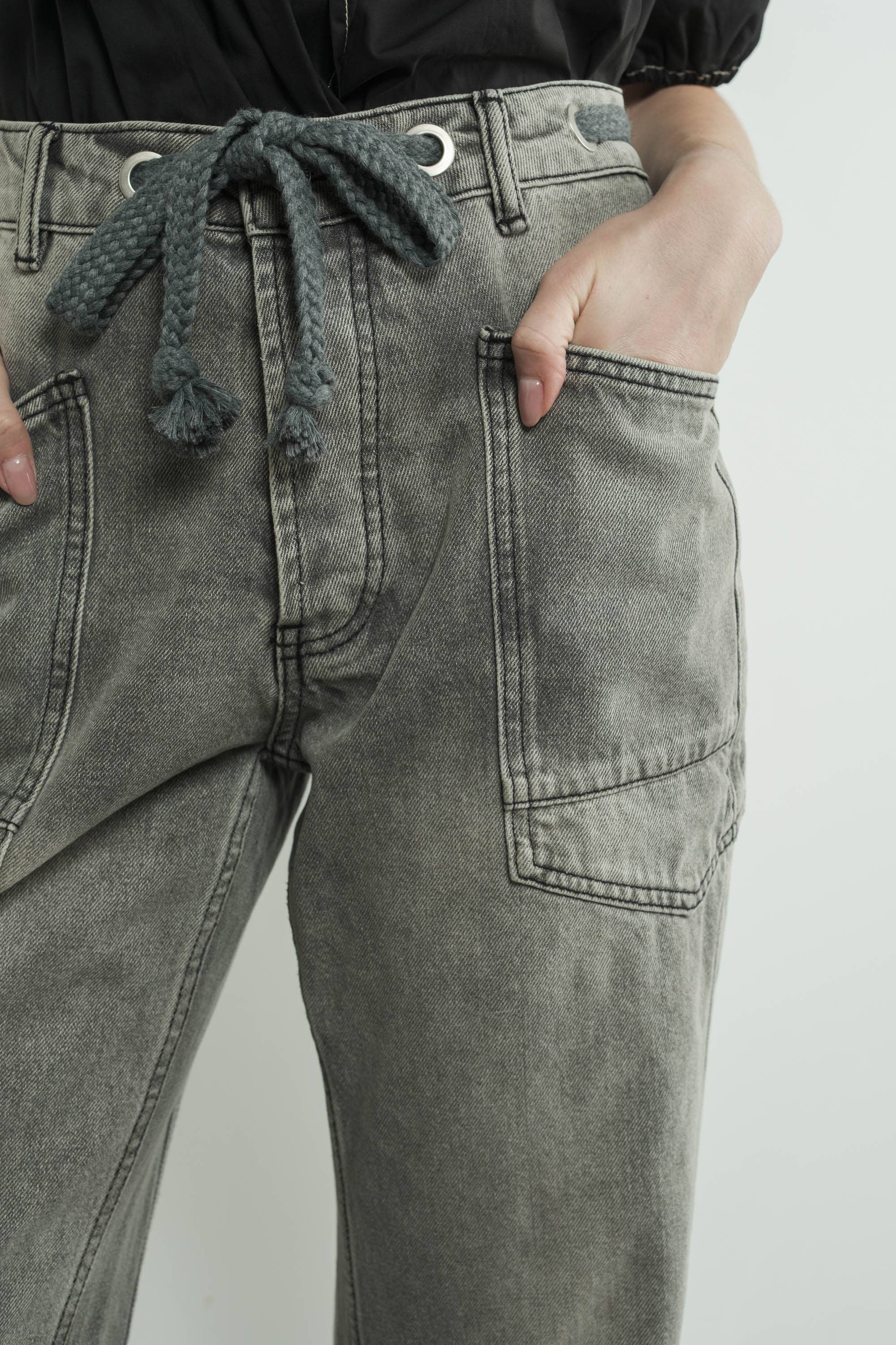 Barrel Denim Pants With Eyelet Waist