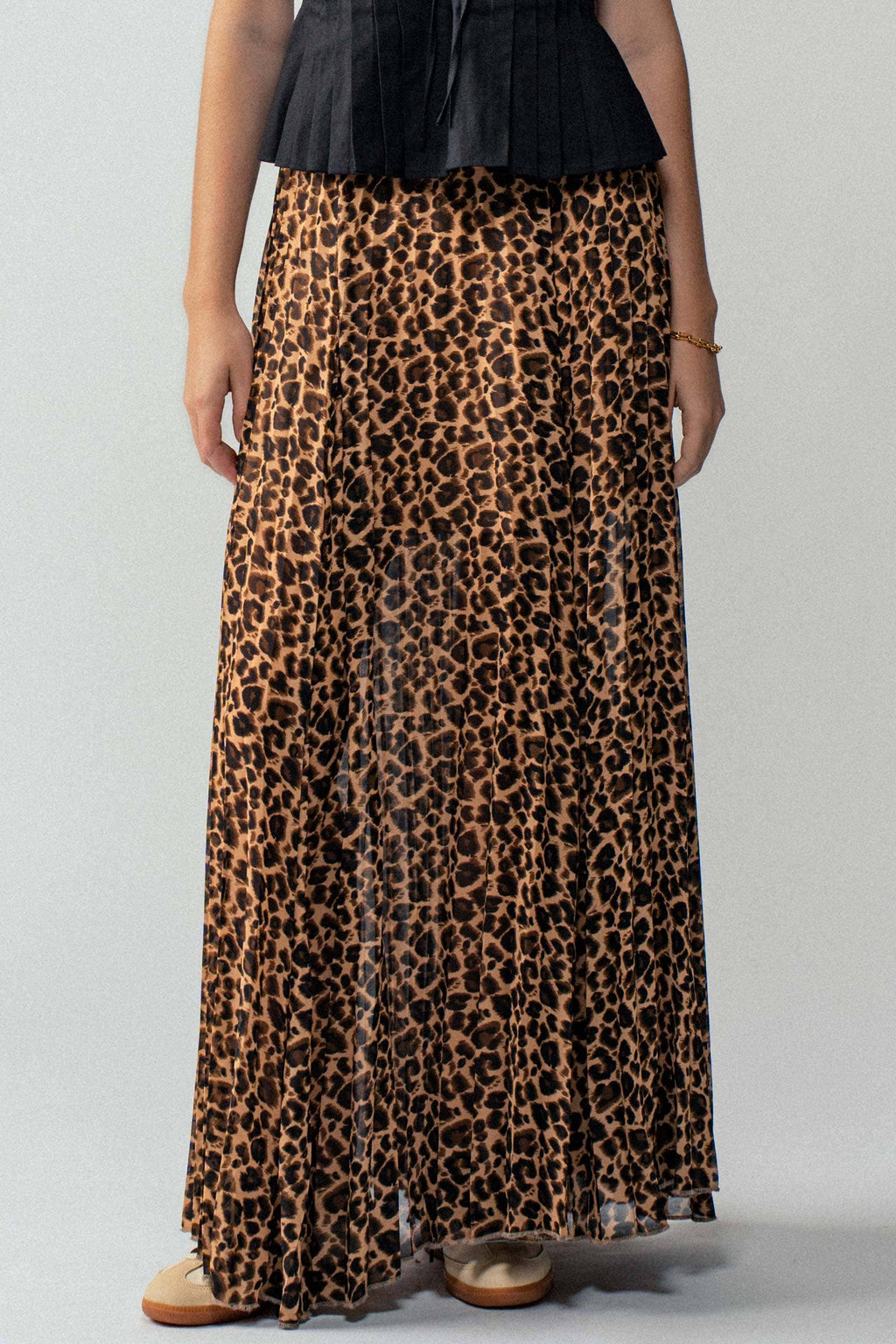 Sophisticated Leopard Print Pleated Flowy A Line Midi Skirt