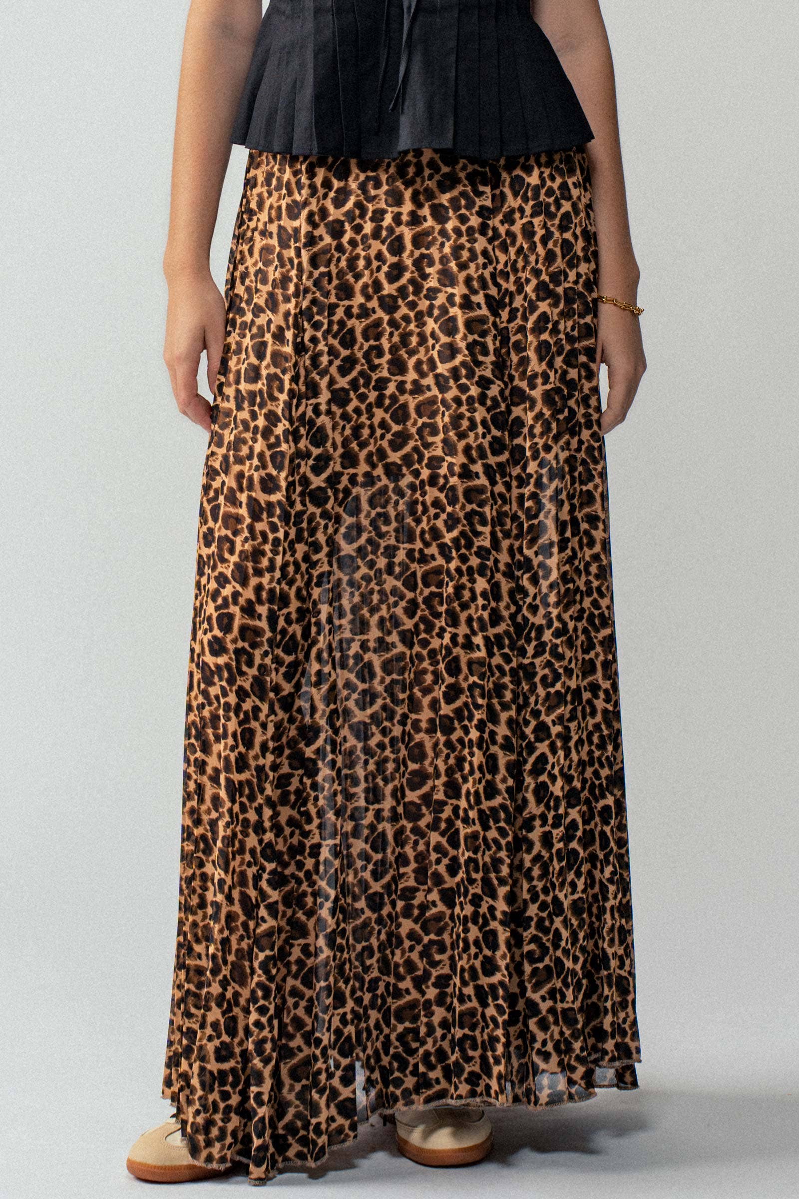Sophisticated Leopard Print Pleated Flowy A Line Midi Skirt