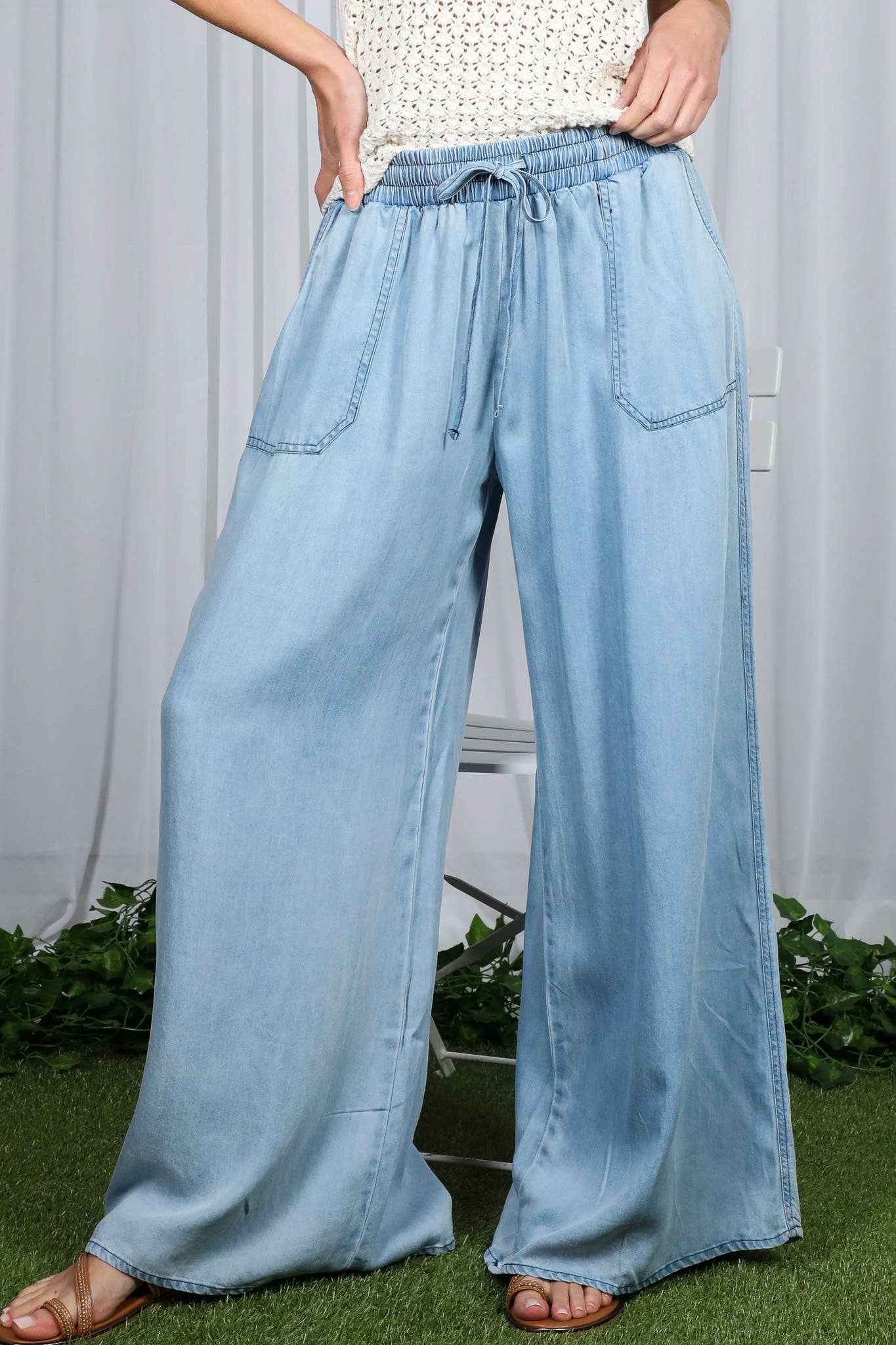 Wide Leg High Waist  Chambray Denim Pant