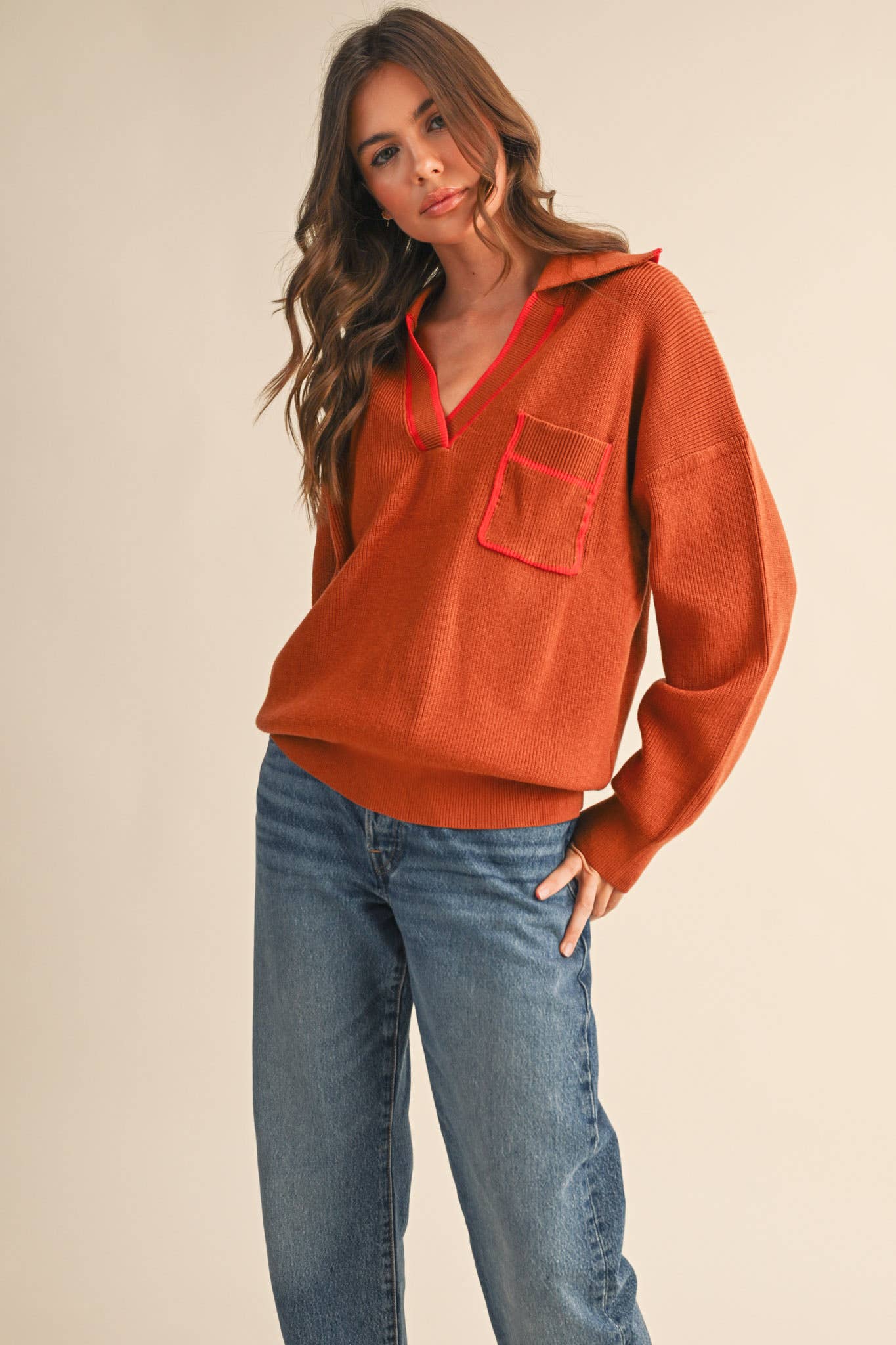 Ribbed Collar Pull Over Sweater
