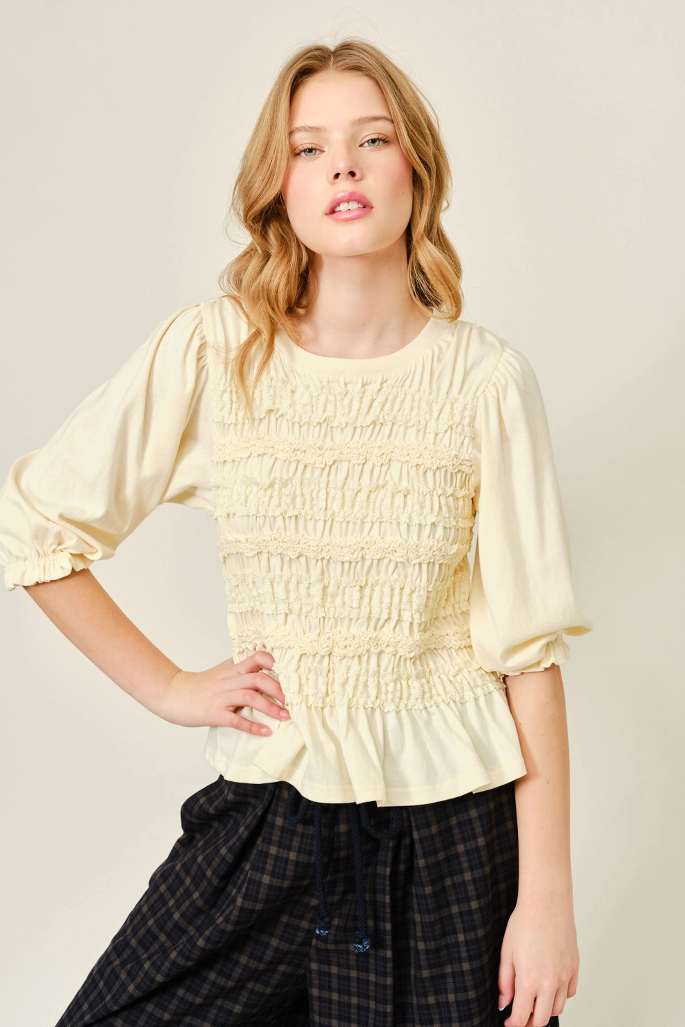 Lace Smocked Quater Sleeve Knit Top