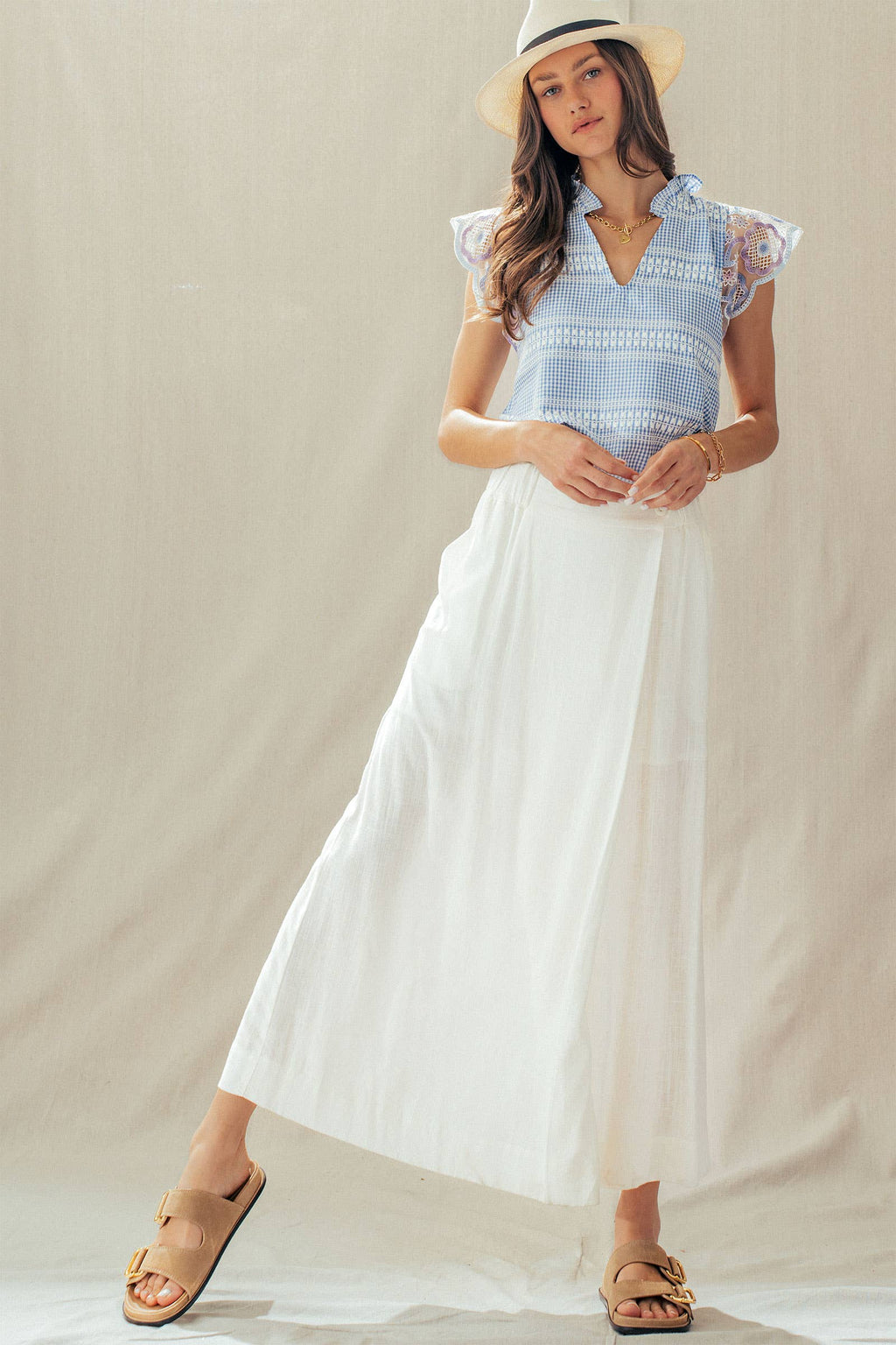 Gingham Lace Flutter Sleeve