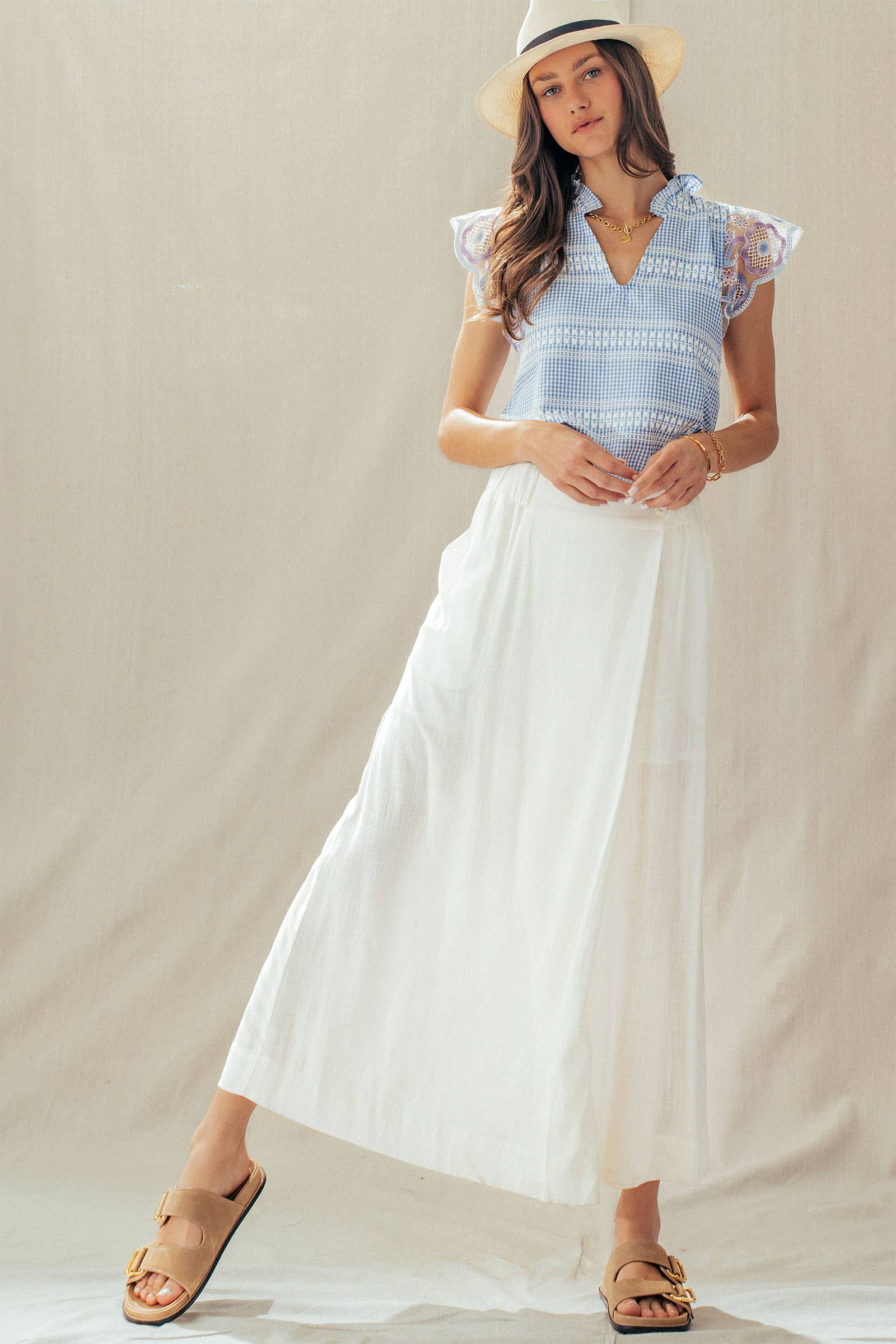 Gingham Lace Flutter Sleeve
