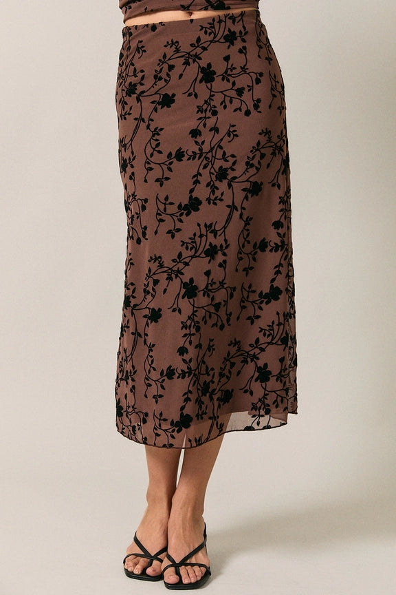 Pull On Flocking Velvet Mesh Floral Midi Skirt