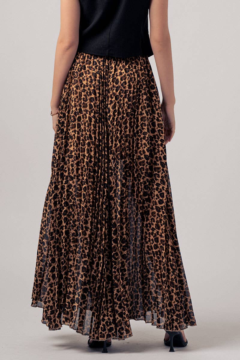 Sophisticated Leopard Print Pleated Flowy A Line Midi Skirt