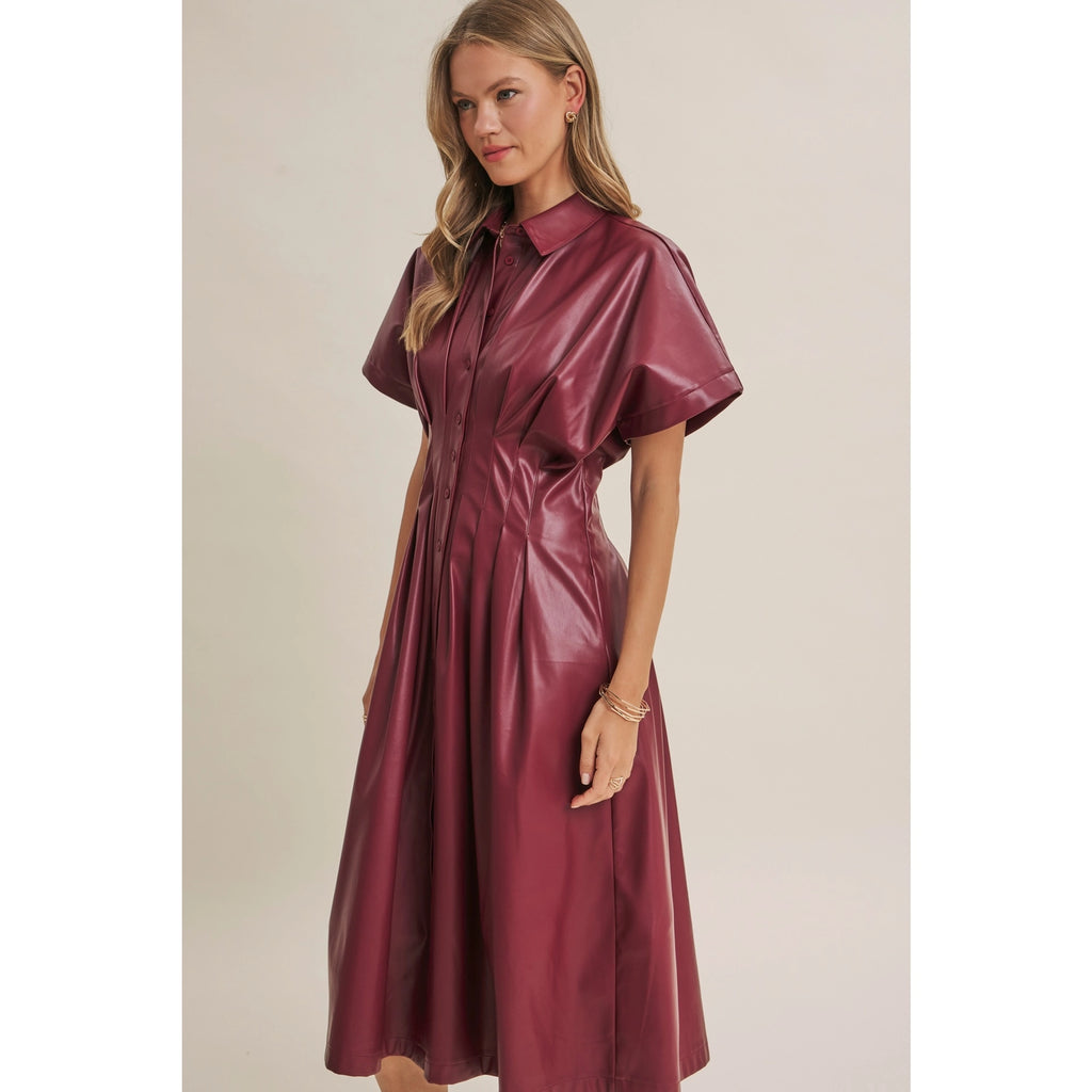 Slow City Lights Leather Pin Tuck Midi Dress