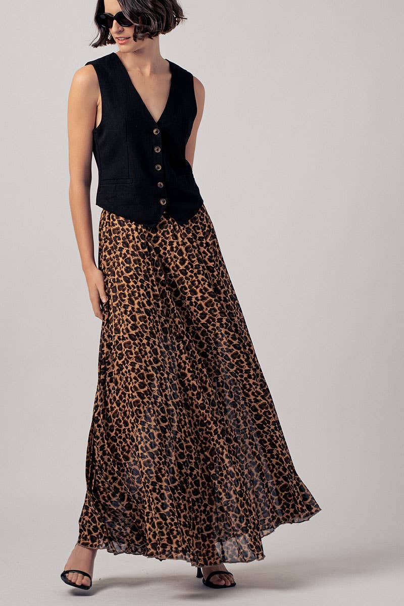 Sophisticated Leopard Print Pleated Flowy A Line Midi Skirt