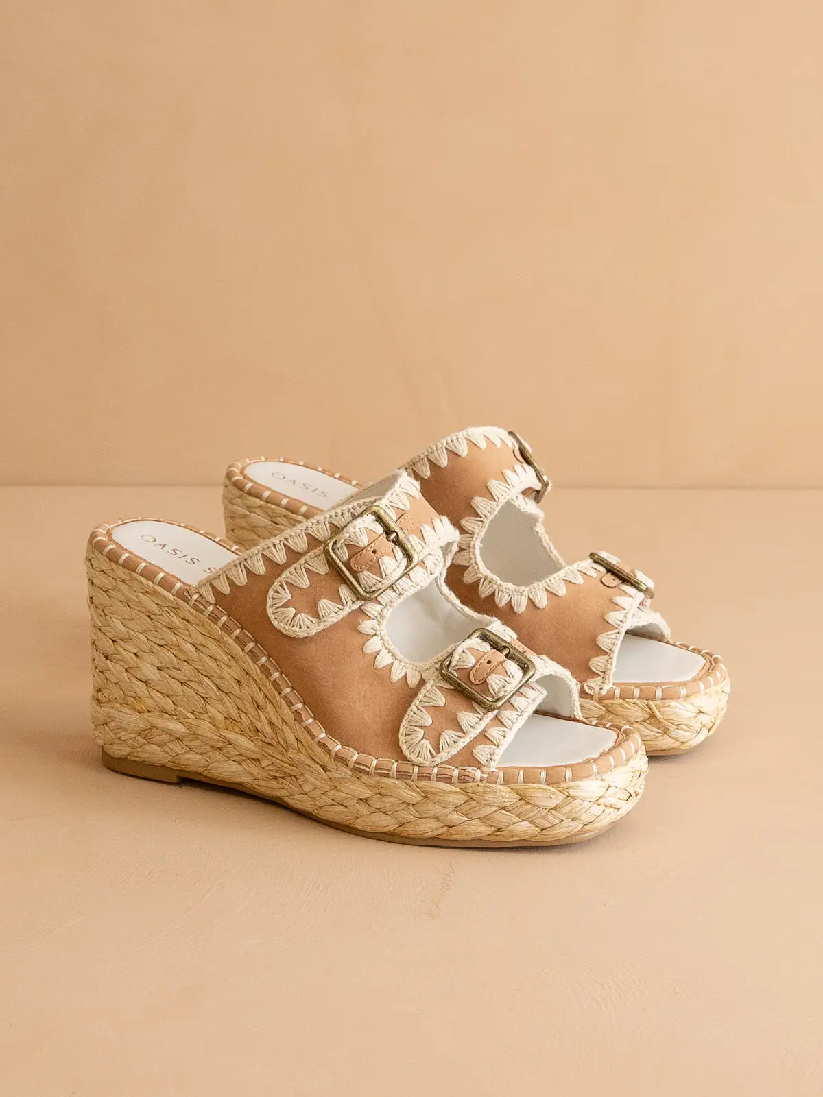 The Rae | Camel Embroidered Espadrille Wedges Double Buckle