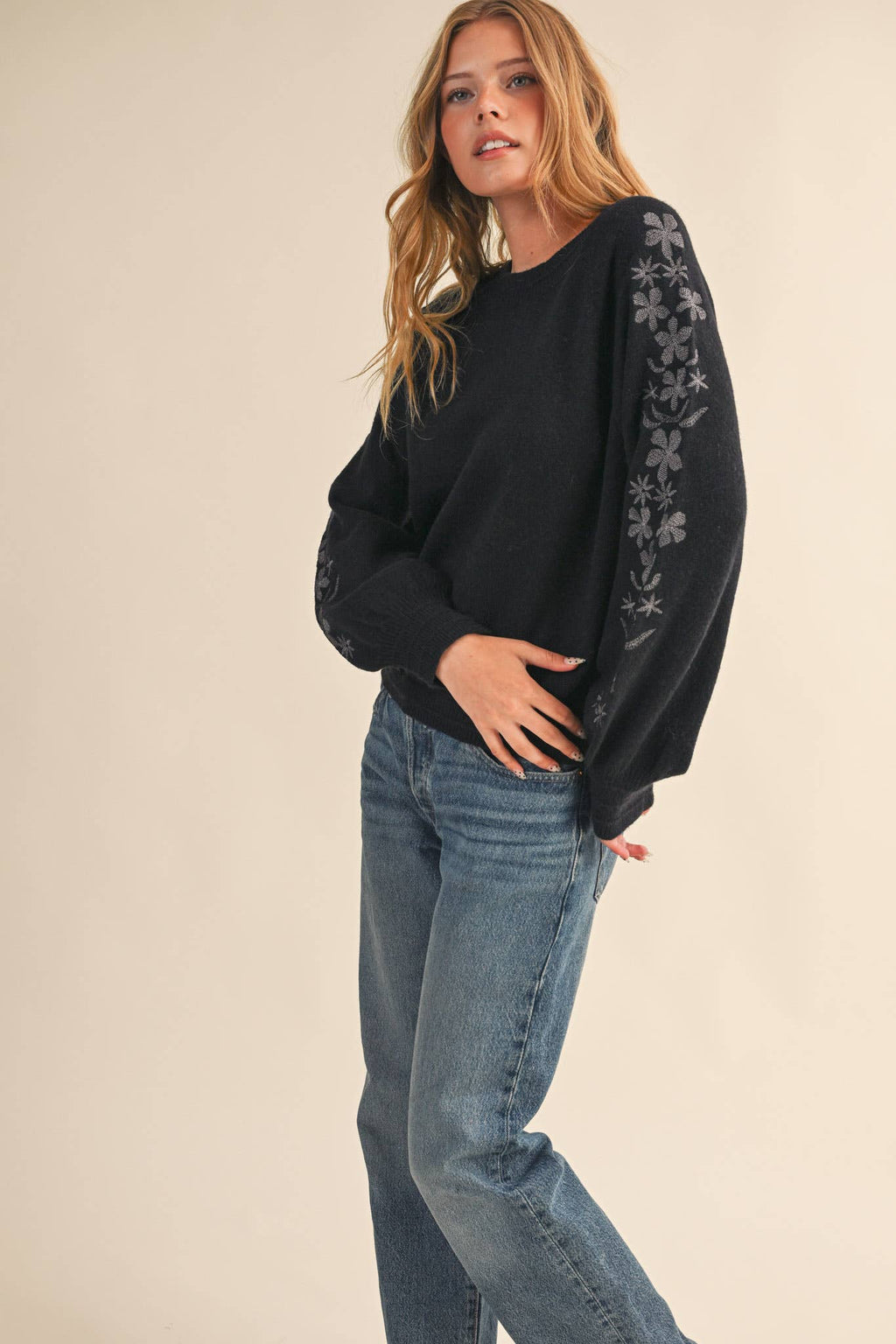 Pullover Sweater with Floral Embroidered Sleeves
