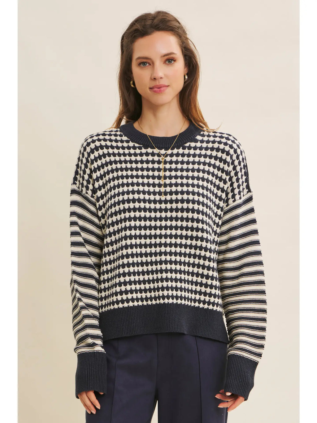 Relaxed Fit Textured Mix Stripe Crewneck Sweater