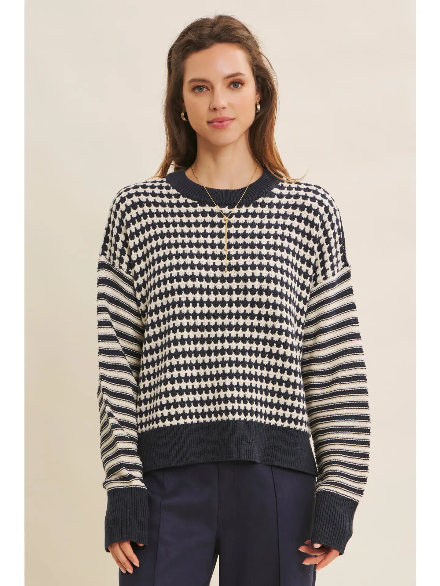 Relaxed Fit Textured Mix Stripe Crewneck Sweater