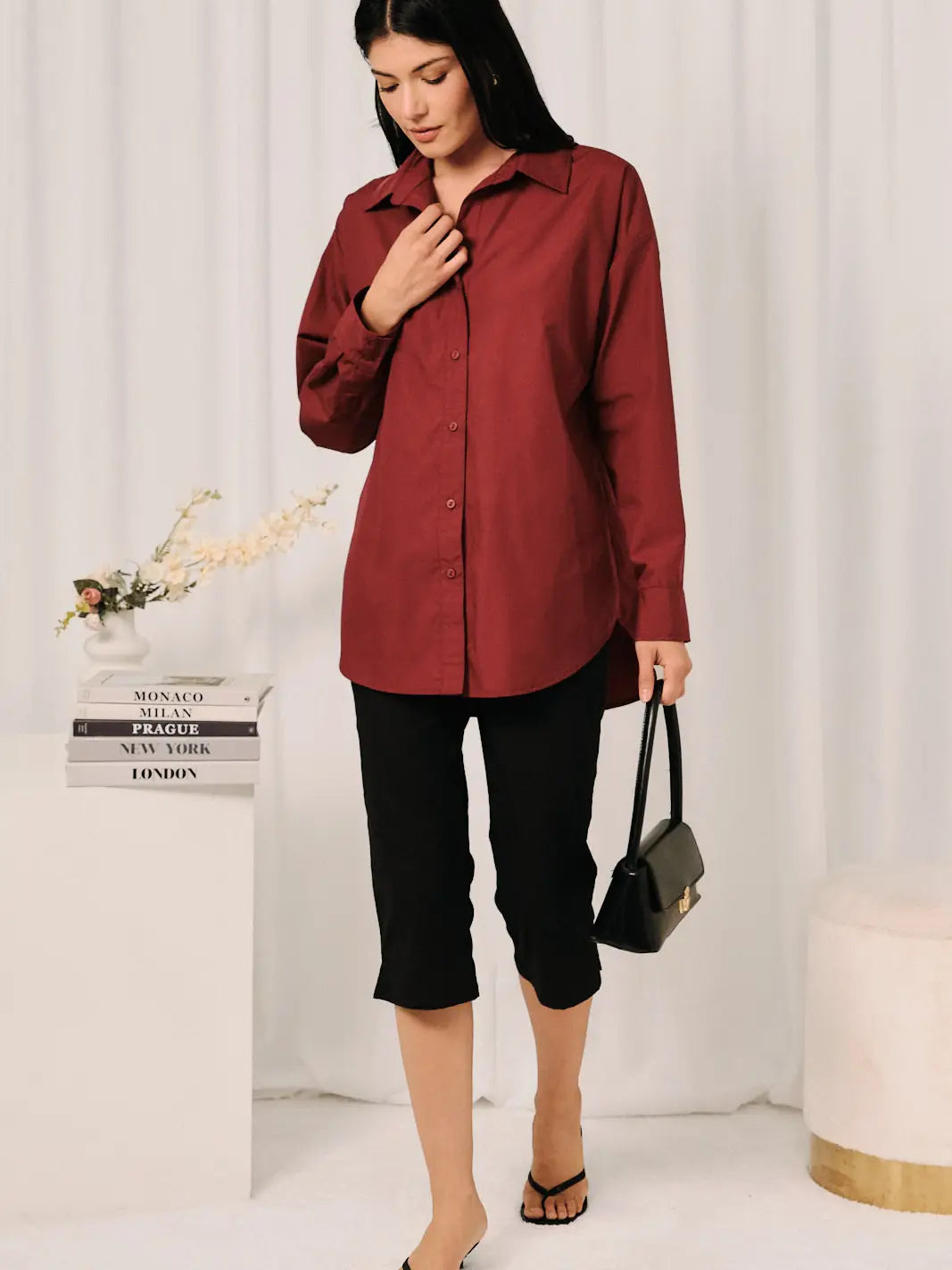 Oversized Point Collar Button Down Long Sleeve Shirt