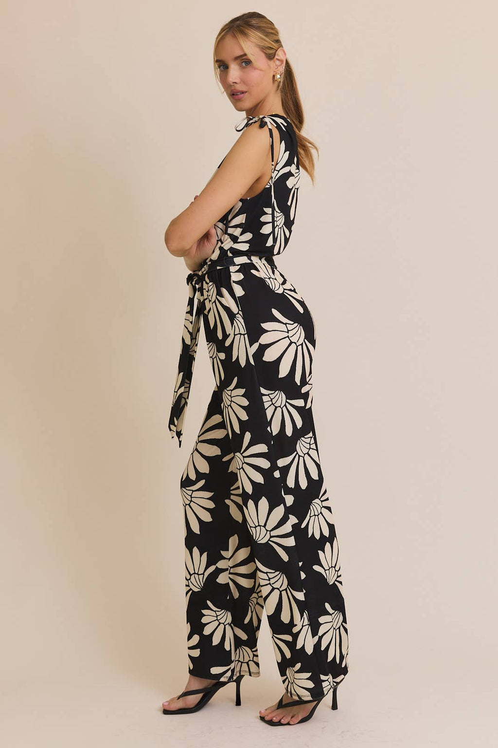 One Shoulder Waiste Tie Wide Leg Floral Print Jumpsuit