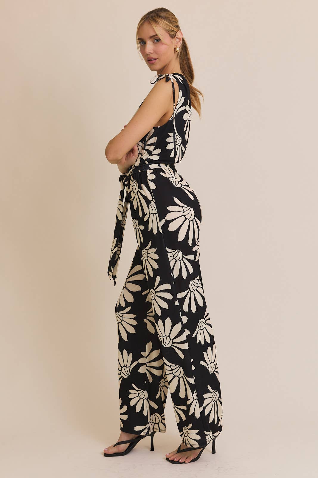 One Shoulder Waiste Tie Wide Leg Floral Print Jumpsuit