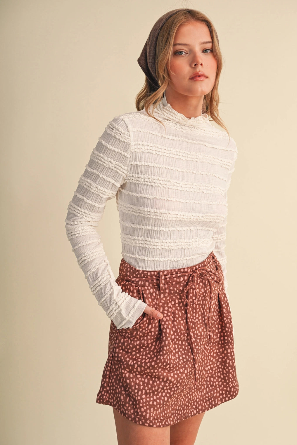 Shirred Long Sleeve Mock Neck Top