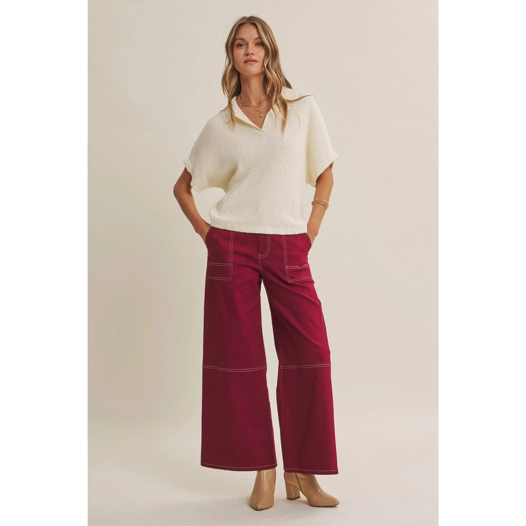 Modern Contrast Stitch Stretchy Cotton Twill Pants