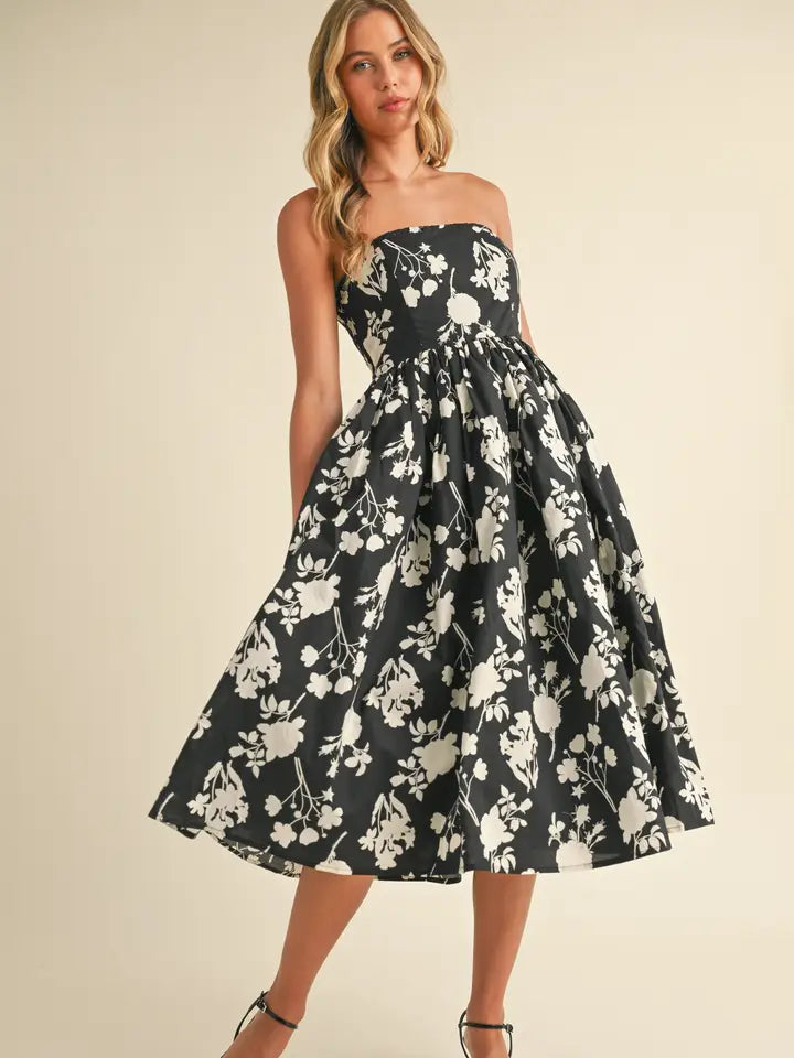 Strapless Floral Printed A-Line Flared Dress