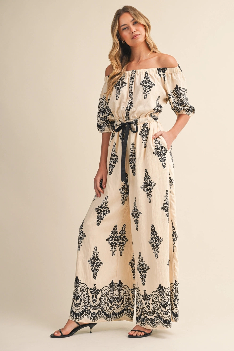 Boarder Printed Off Shoulder Jumpsuit