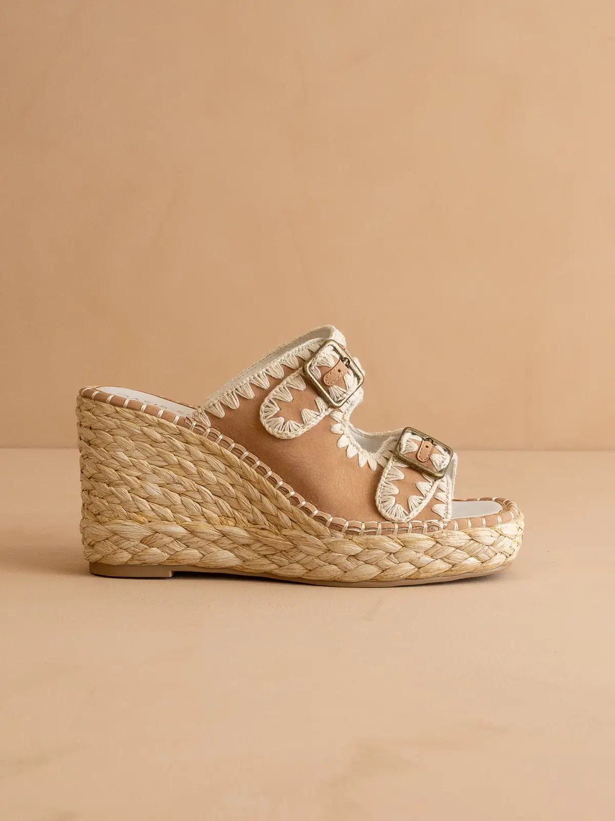 The Rae | Camel Embroidered Espadrille Wedges Double Buckle