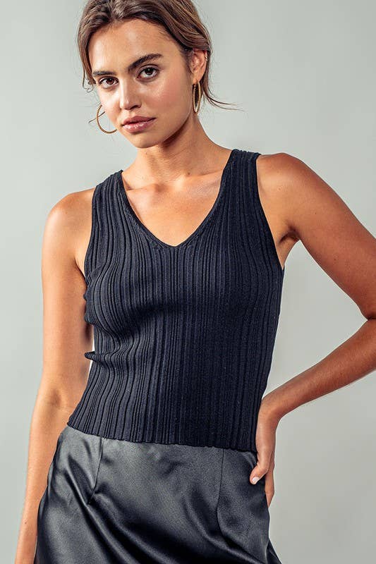Textured Ribbed V Neck Knit Tank Top