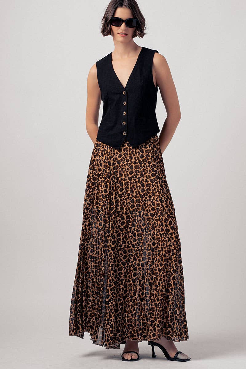 Sophisticated Leopard Print Pleated Flowy A Line Midi Skirt