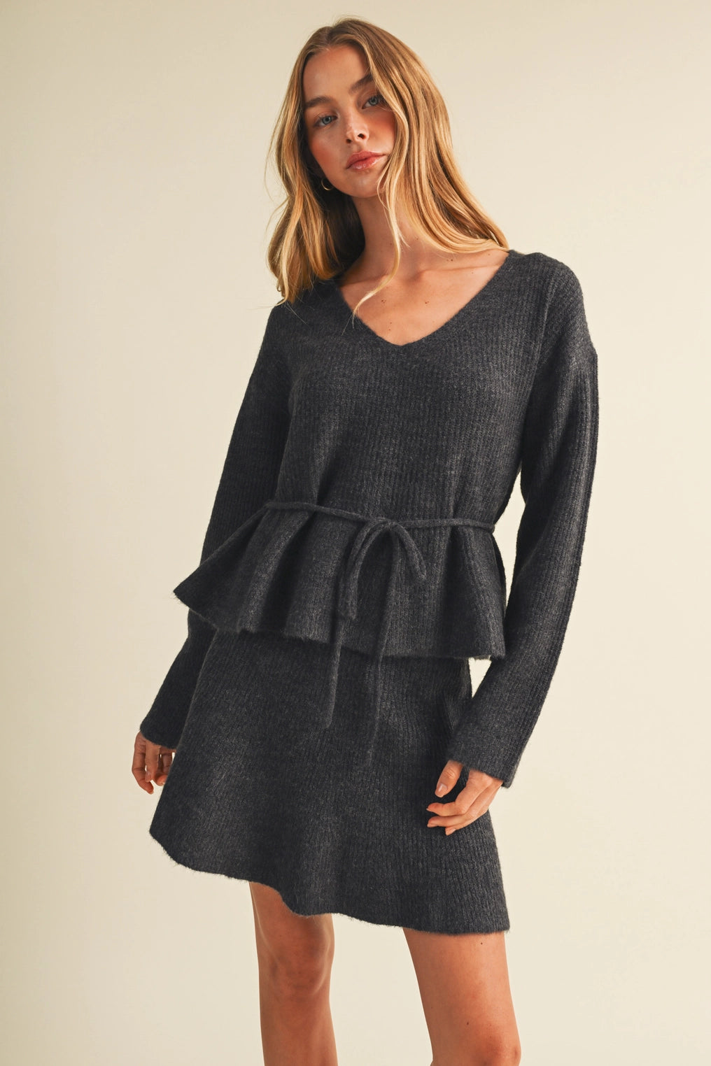 Drawstring Waist Peplum Knit Top