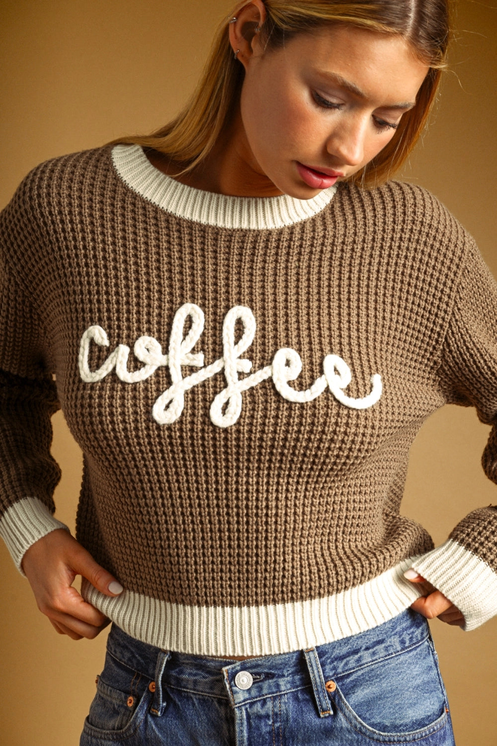 Coffee Letter Waffle Sweater Top