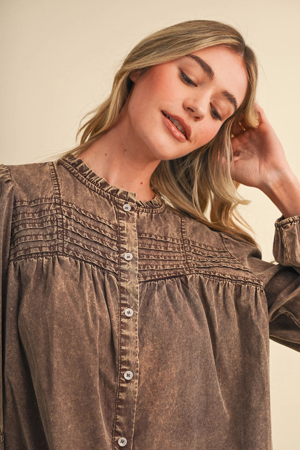 Washed Tencel Pin Tuck Button Up Top