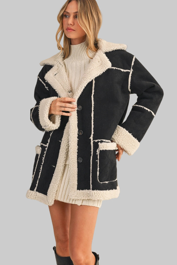 Oversized Suede and Sherpa Combo Pocketed Coat