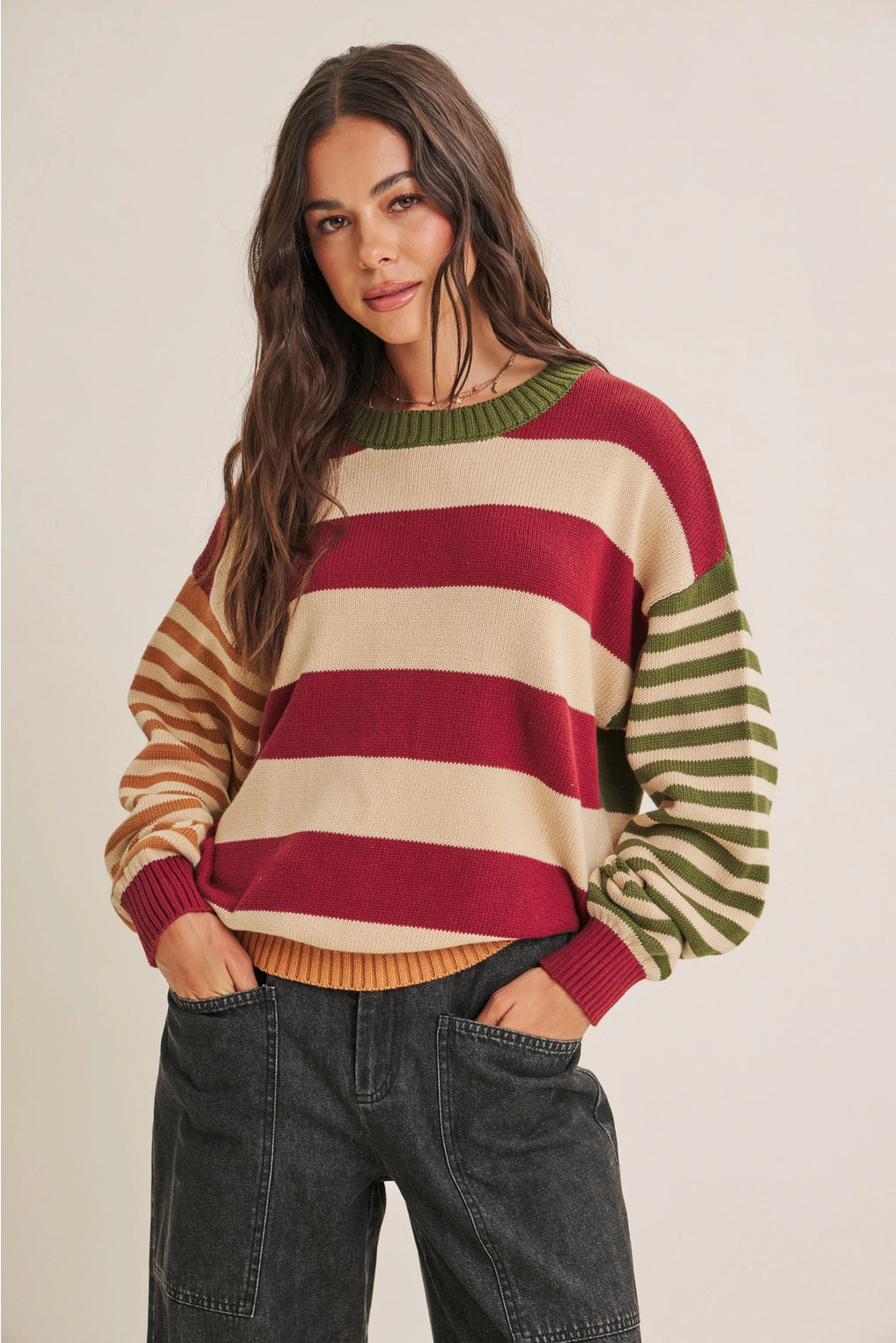 Bold Heritage Inspired Color Block Cotton Sweater Top