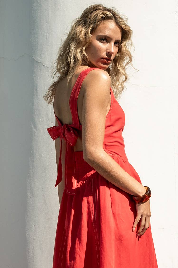Linen Contrast Stitch Midi Dress
