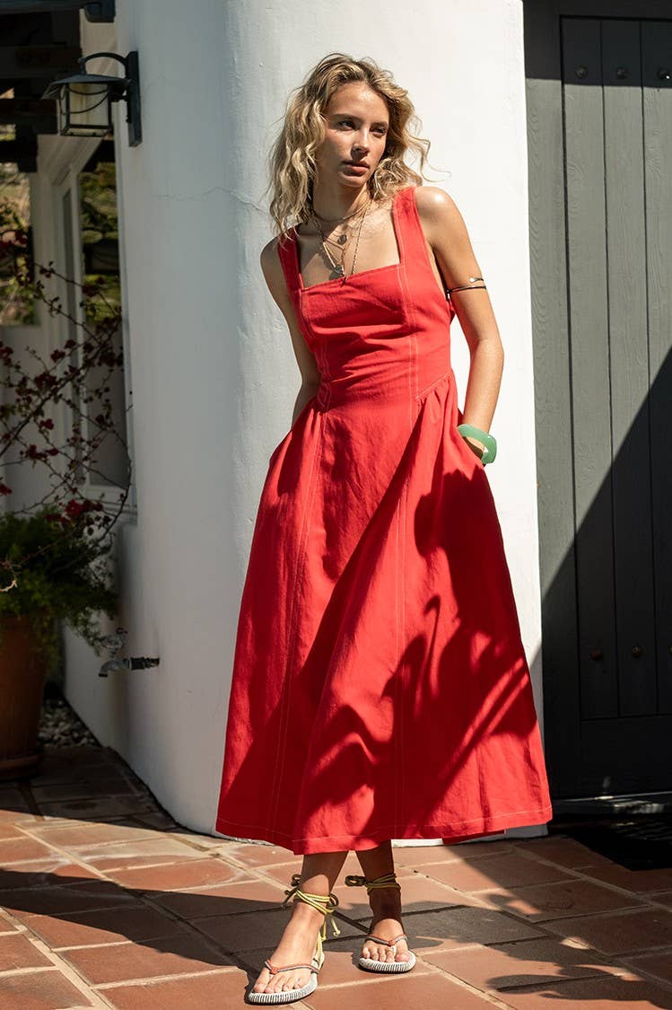 Linen Contrast Stitch Midi Dress