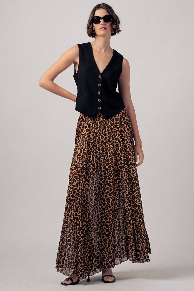 Sophisticated Leopard Print Pleated Flowy A Line Midi Skirt