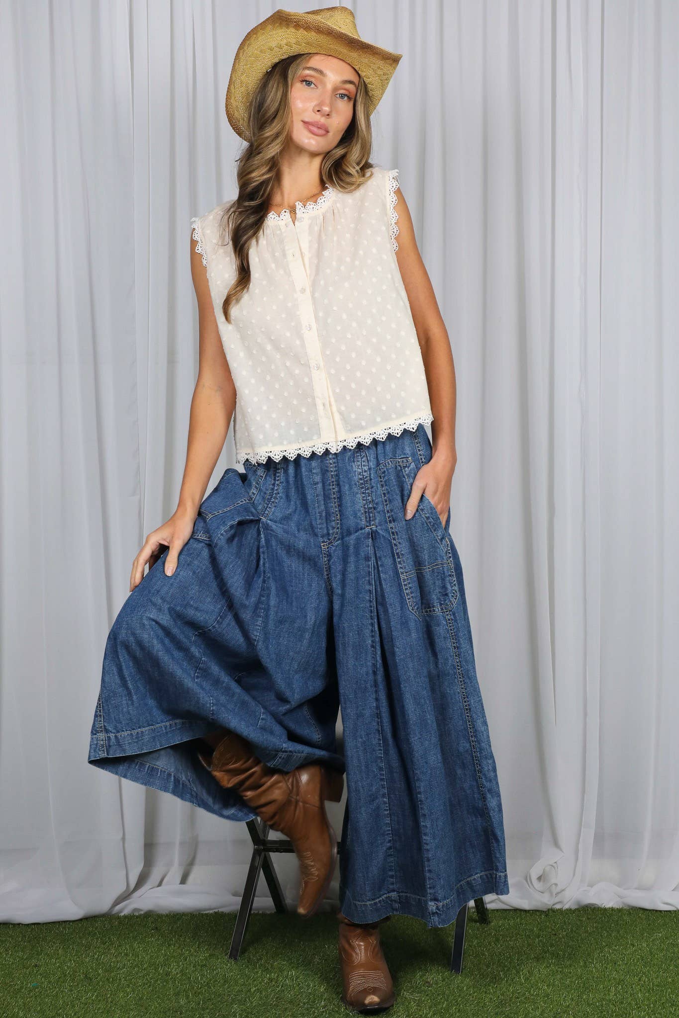 Lace Edge Sleeveless Swiss Dot Top