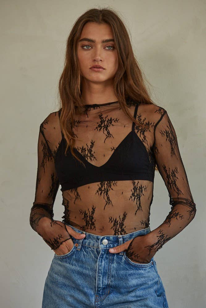 Knit Jacquard Lace Long Sleeve Mock Neck Top