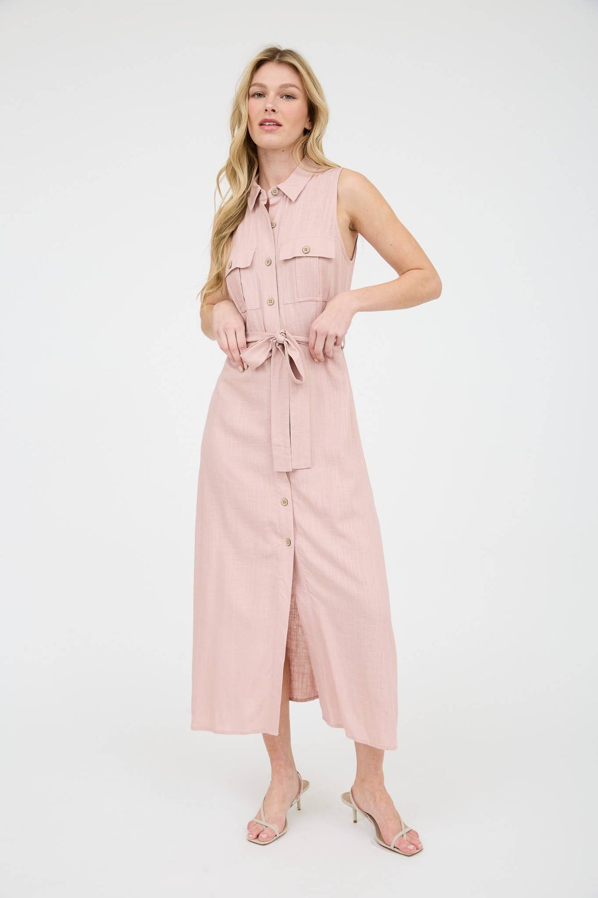 Collared Button Down Sleeveless Belted Midi Dress