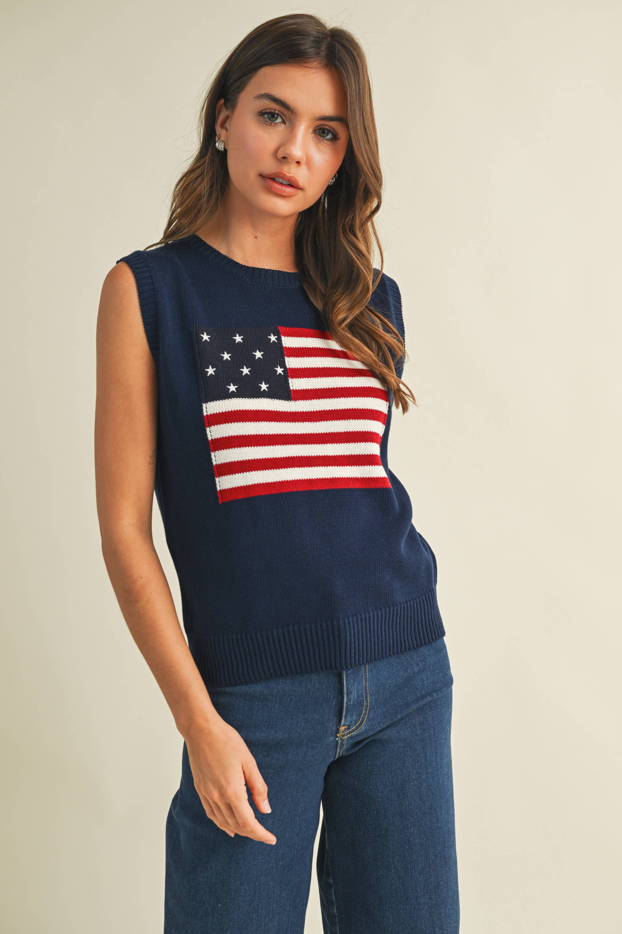 USA FLAG SLEVELESS KNIT PULLOVER SWEATER