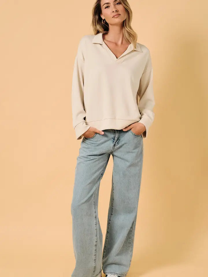 Johnny Collar Long Sleeve Oversize Polo Sweatshirt