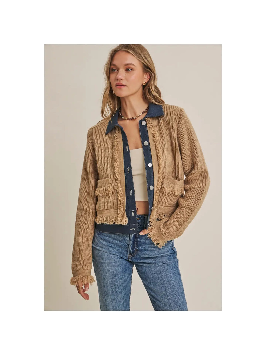 Denim Layered Sweater Fringe Cardigan Jacket