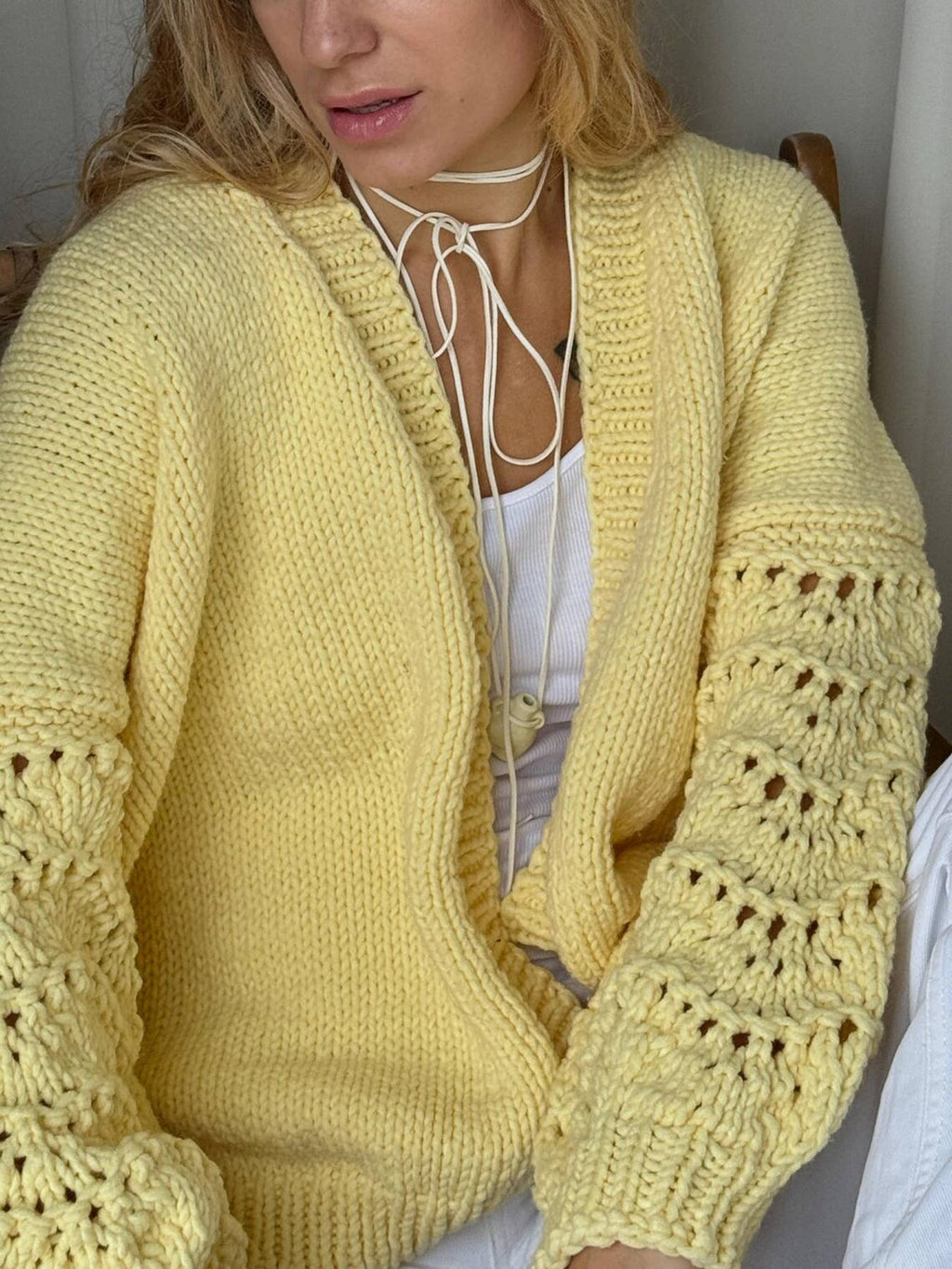 Open Front Knit Cardigan with Lace Sleeve Detail