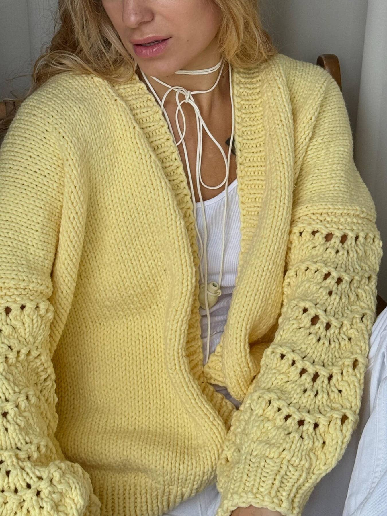 Open Front Knit Cardigan with Lace Sleeve Detail