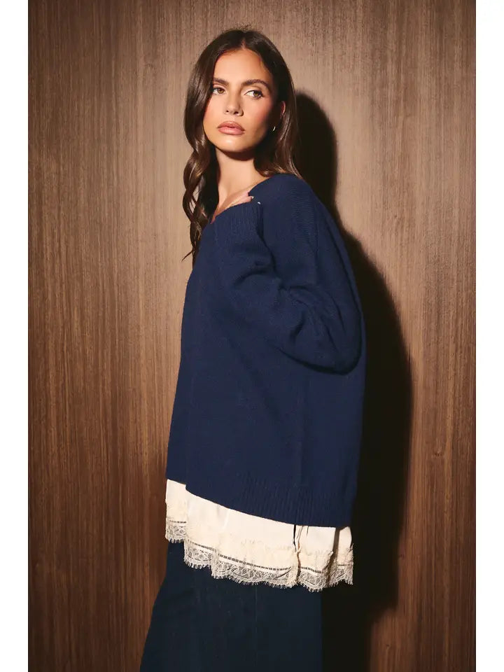 Long Sleeve V-Neck Oversized Sweater w/Layered Lace