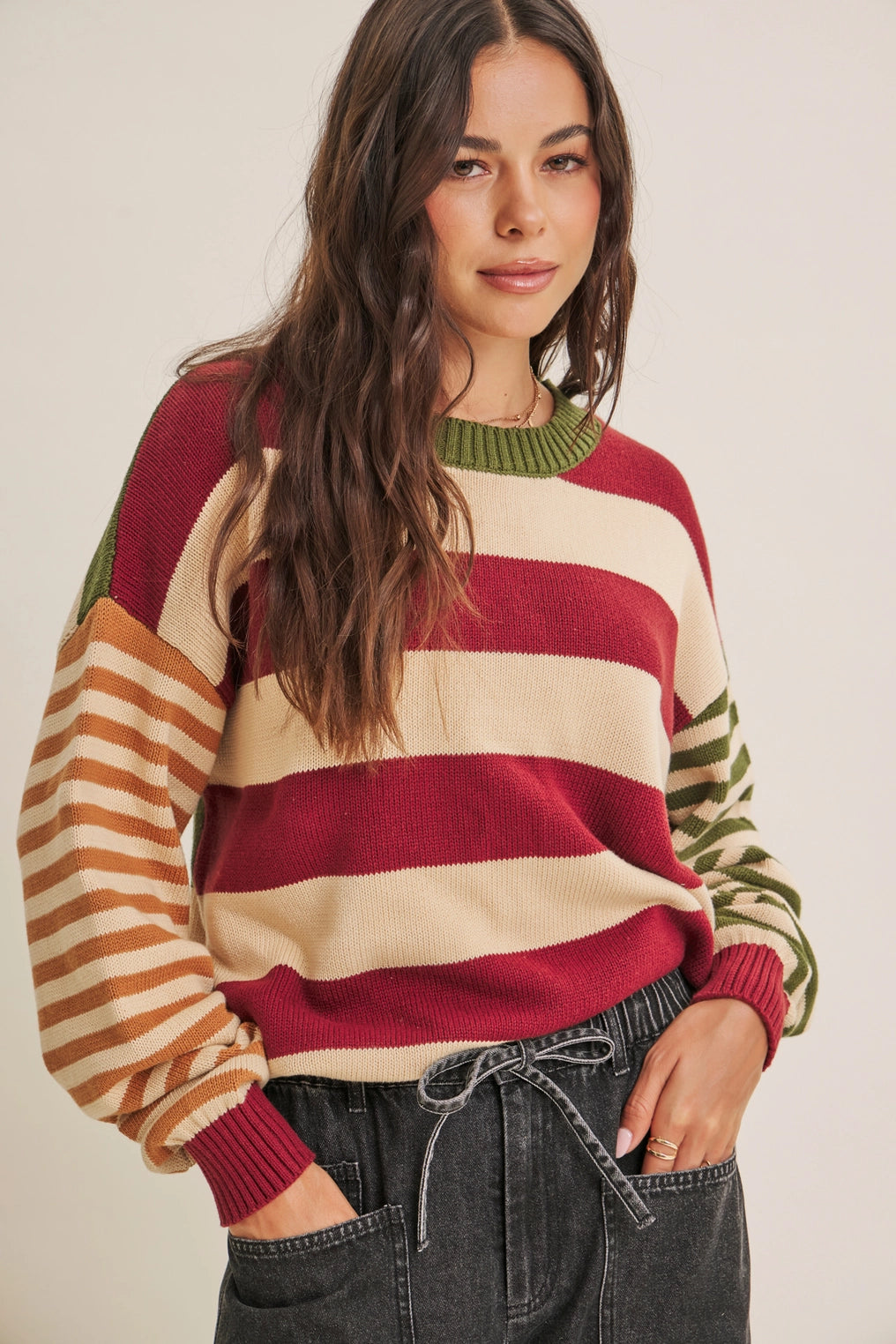 Bold Heritage Inspired Color Block Cotton Sweater Top