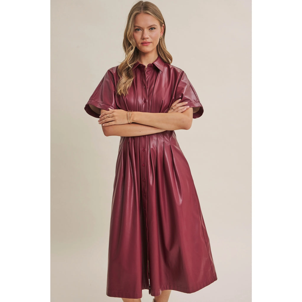 Slow City Lights Leather Pin Tuck Midi Dress