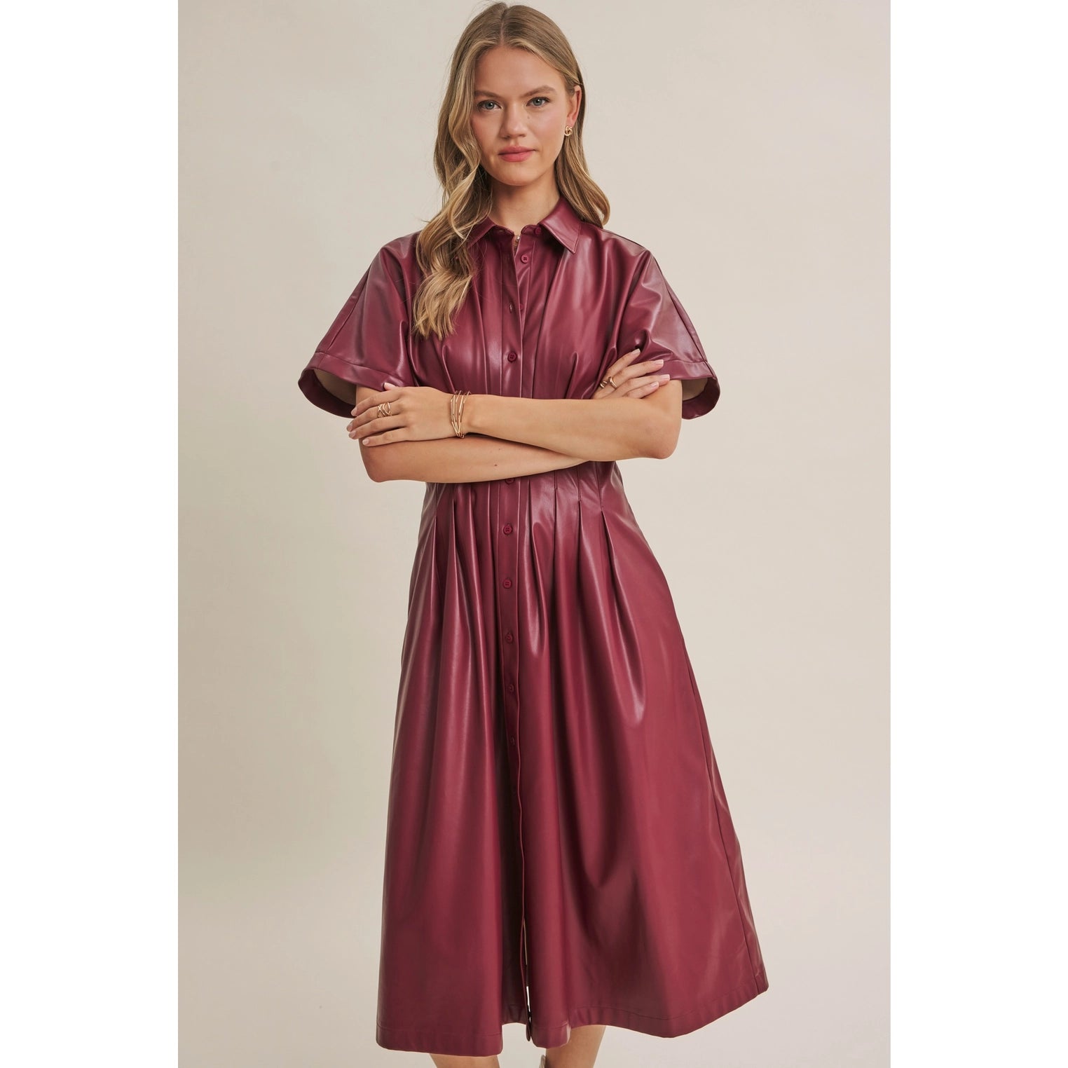Slow City Lights Leather Pin Tuck Midi Dress