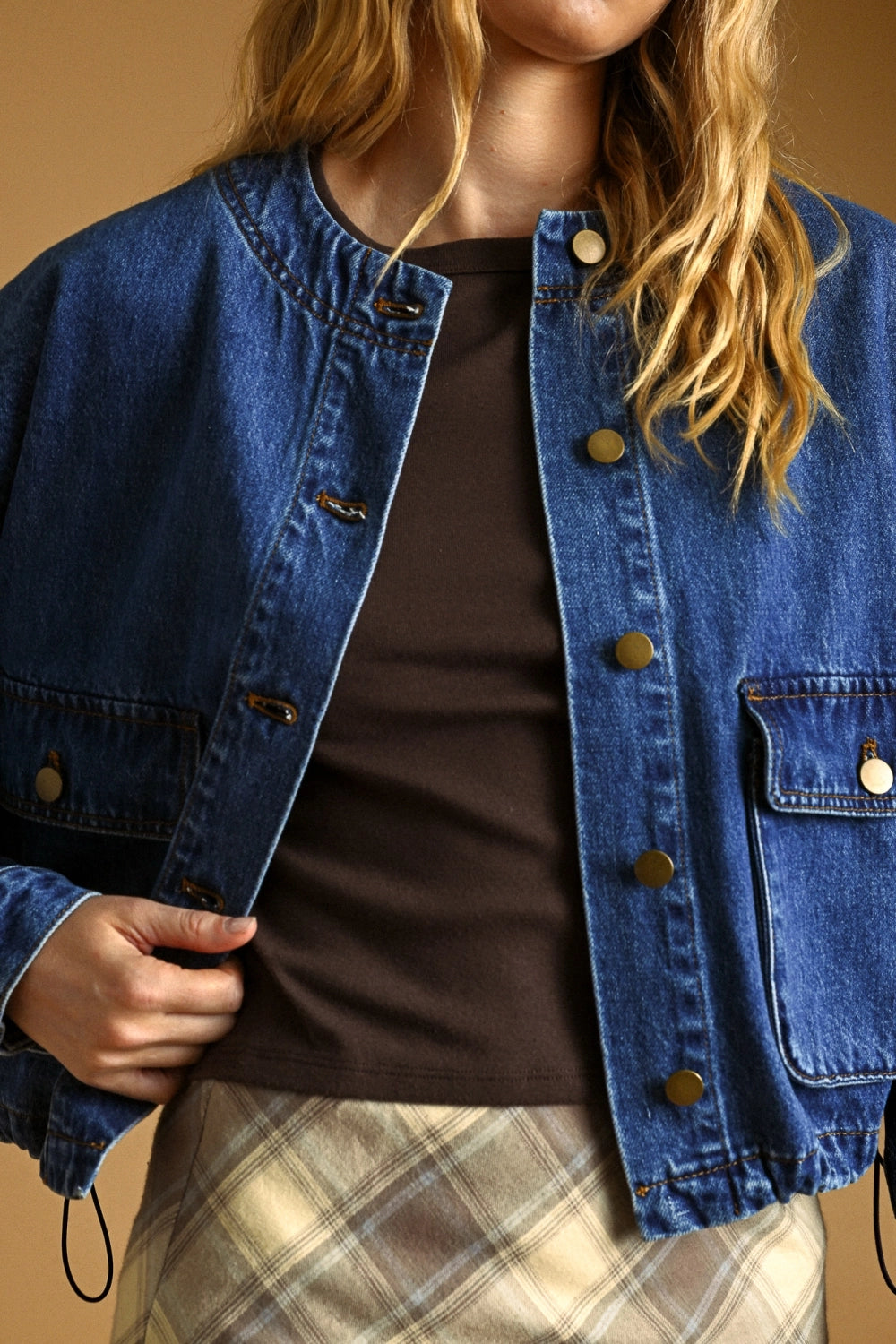Round Neck w/Pocket Front Denim Jacket