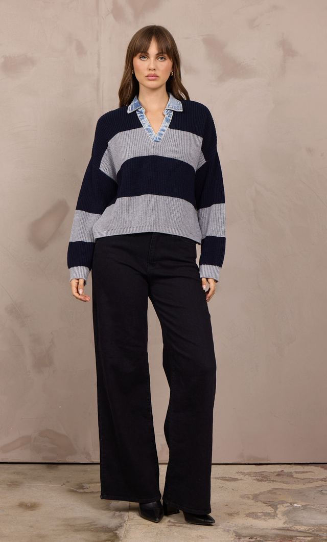 Grey/Navy Sweater w/Denim Collar